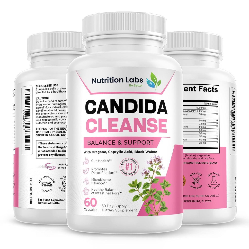 Candida Cleanse συμπλήρωμα για την ισορροπία & υποστήριξη, Candidase Detox, γυναίκες & άνδρες. Lactospore® Προβιοτικά. Αντιμυκητιασική υπερανάπτυξη W/ Ρίγανη, καπρυλικό οξύ
