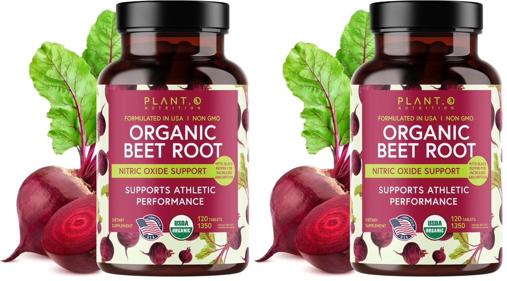 USDA Plant.O Premium Organic Beet Root Tablets [1350mg Beets Powder] with Black Pepper for Extra Absorption - Nitric Oxide Supplement (Pack of 2)