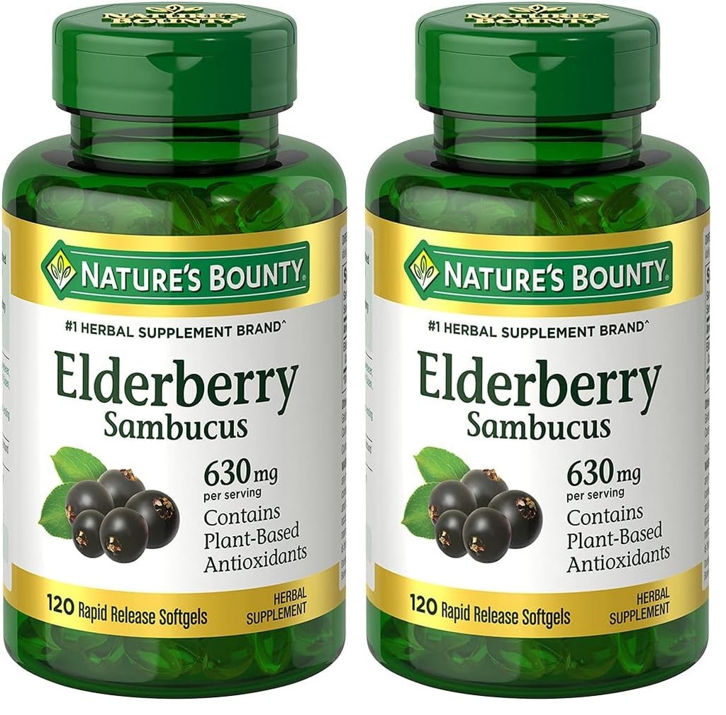 Nature's Bounty Sambucus Elderberry Herbal Supplement, Rapid Release Softgels, 630 mg per Serving, 120 Count (Pack of 2)