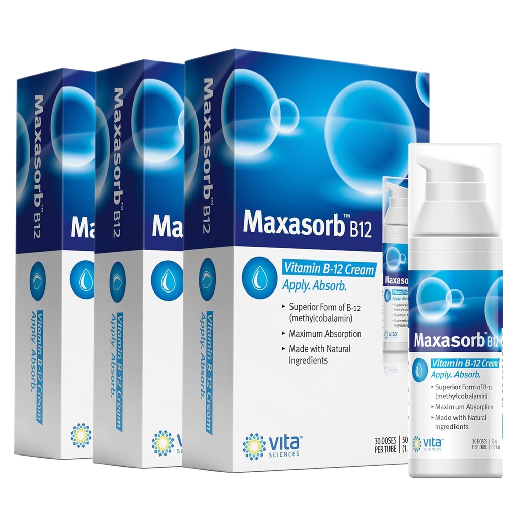 Vita Sciences Maxasorb B12 Vitamin B-12 Cream 1000 mcg: Powerful Topical Methylcobalamin for Energy, Health, and Glowing Skin - Pack of 3