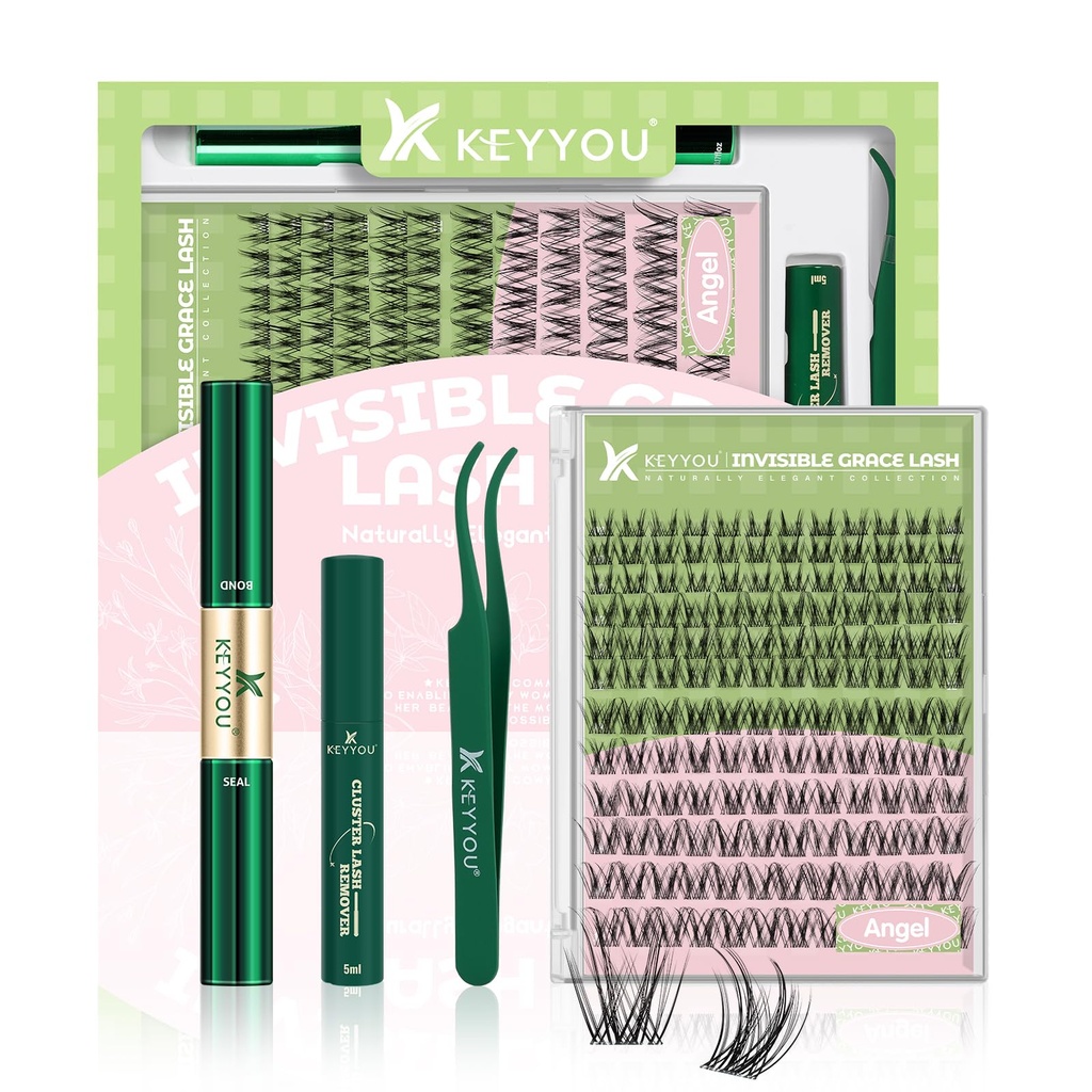 KEYYOU Angel lash Clusters Kit Lash Extension Kit C Curl 144Pcs Eyelash Extension Kit Wispy Natural Invisible Band Lash Kit with Waterproof DIY Lash Extension Kit at Home(Angel-D-8-18MIX)