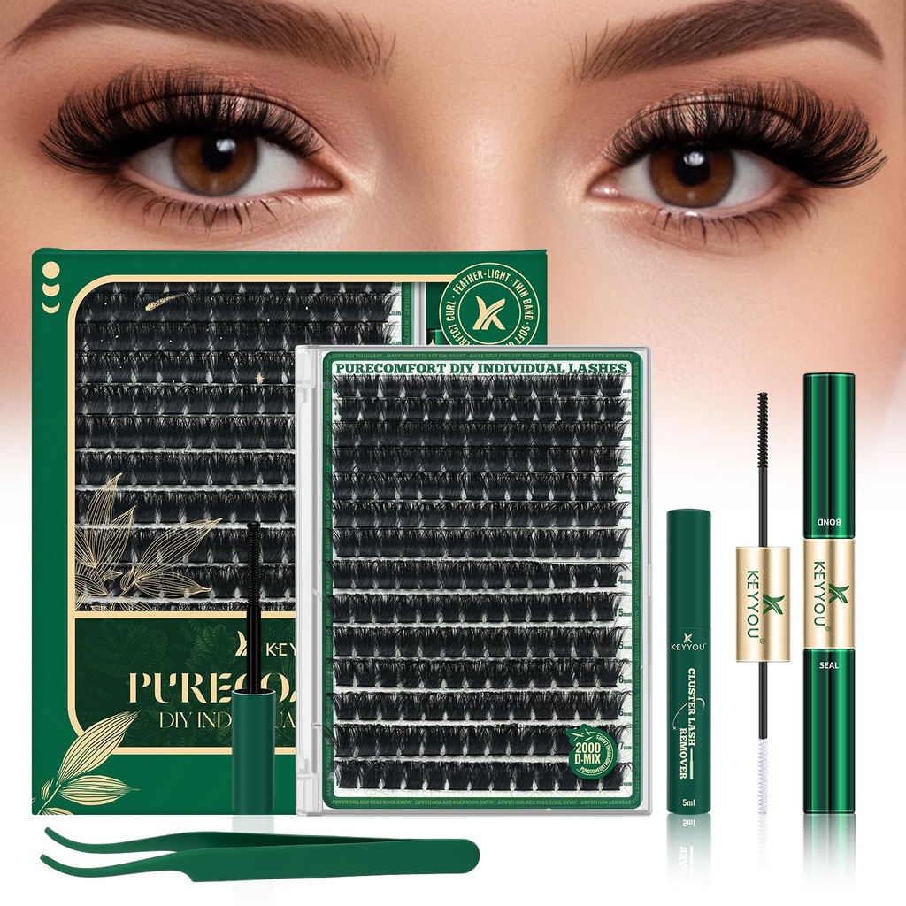 KEYYOU Lash Clusters Kit 182pcs Thick Volume Lash clusters 200D D Curl Wispy Easy to Apply with Lash Bond and Seal Lash Applicator Lash Remover Lash Extension Kit at Home(RMkit-200D-D-10-18mix)