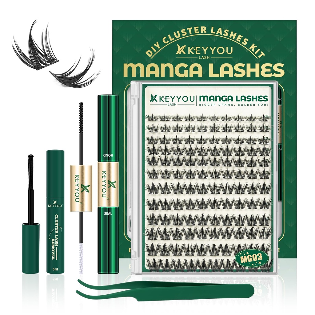 KEYYOU Lash Manga Lash Clusters Kit 8-18mm Eyelash Clusters Kit DIY Lash Extension Kit Natural Fairy Cluster Lashes with Lash Bond Seal Remover Applicator Soft Thin Band(MG03)