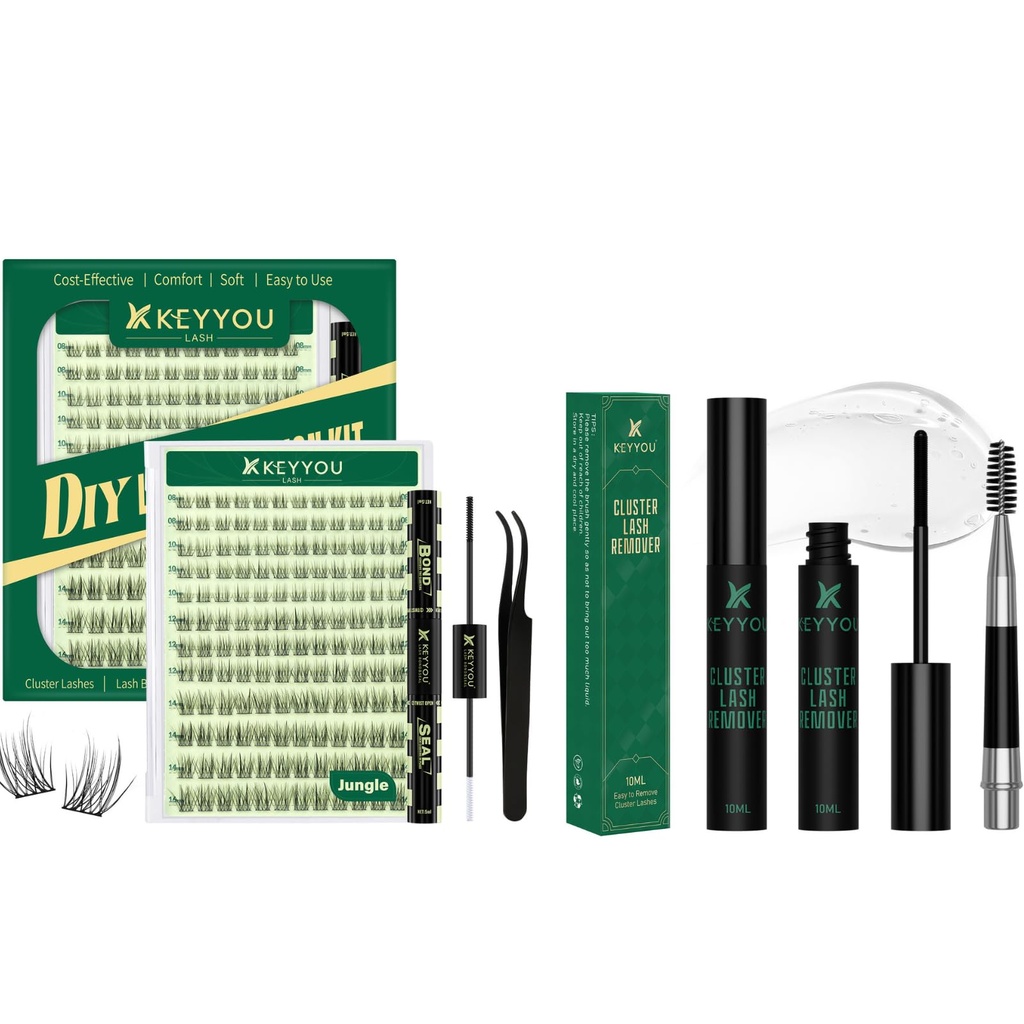 KEYYOU Lash Clusters Kit 144pcs C Curl 8-16MIX + Lash Remover 10mL, Wispy Fluffy DIY Eyelash Extension Set with Bond & Seal for Natural Salon Look