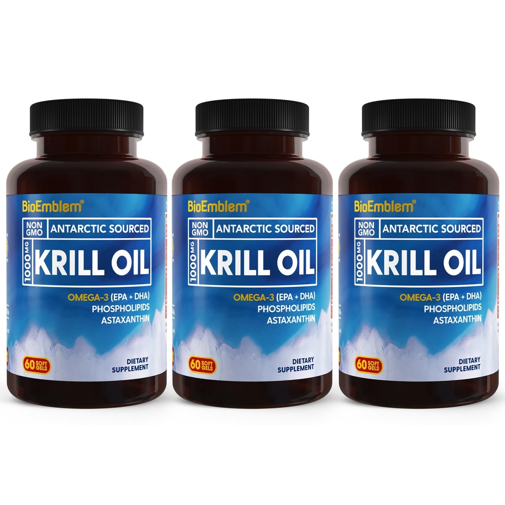 BioEmblem 3 Πακέτο Ανταρκτικής Krll Oil 1000mg Softgels, Omega-3s Oil με υψηλά επίπεδα της EPA + DHA, Ασταξανθίνη, και φωσφολιπίδια, υποστηρίζει την υγεία του εγκεφάλου, 180 Count μη GMO, χωρίς γλουτένη, 90 ημέρες προσφοράς