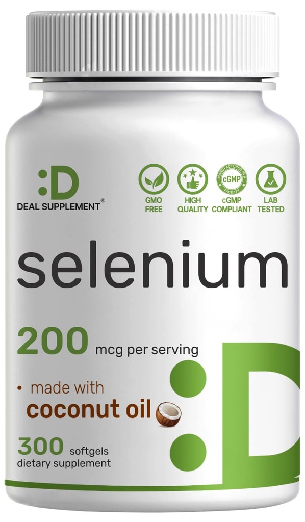 DEAL Supplement Selenium for Women & Men 200mcg Per Serving, 300 Softgels | Thyroid Support* | L-Selenomethionine Form | Made with Coconut Oil | Non-GMO, Gluten Free