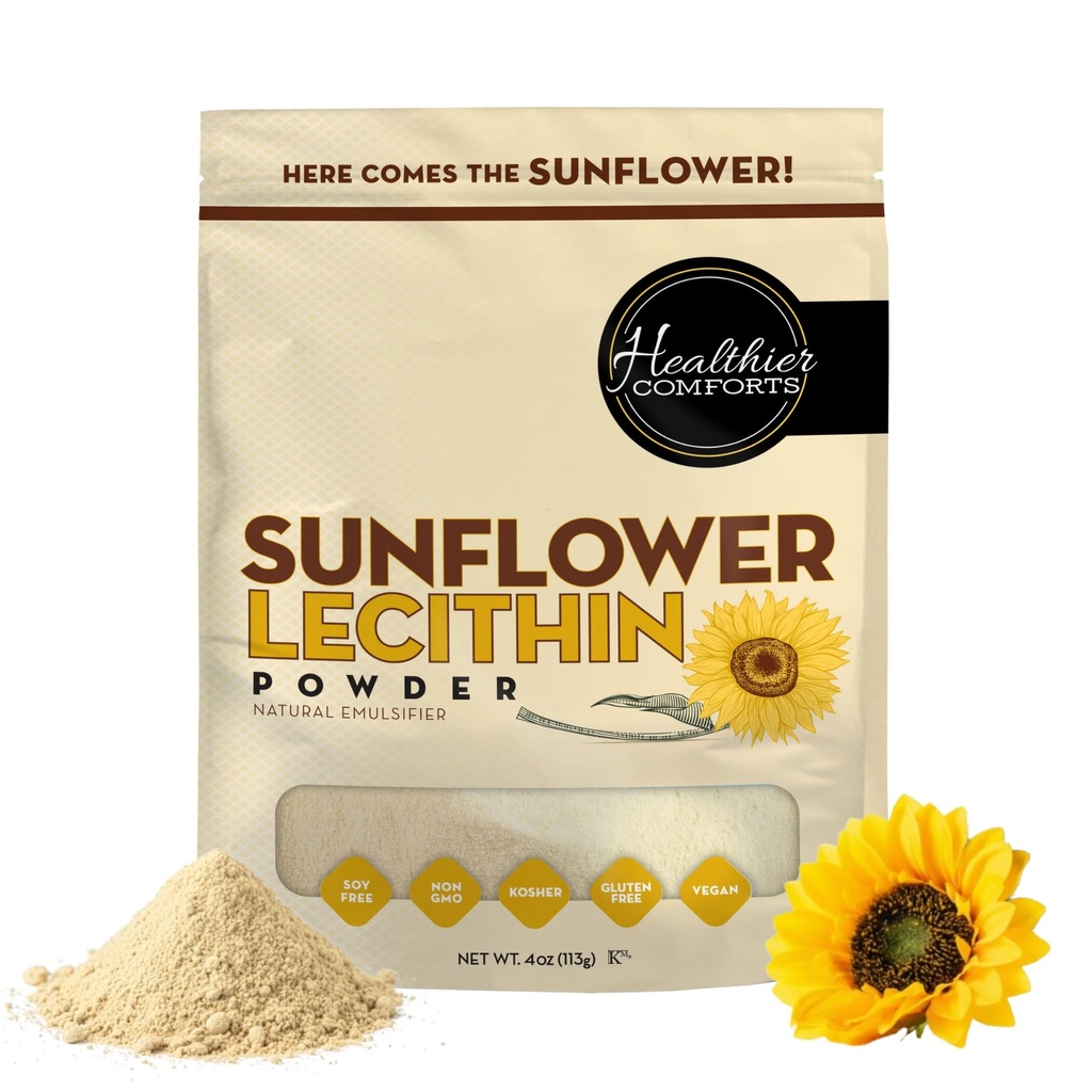 Healthier Comforts Sunflower Lecithin Powder (4 oz) | Non-GMO, Plant-Based Emulsifier for Smoothies, Baking, Chocolate, Salad Dressings & DIY Skincare | Natural Phospholipid Source