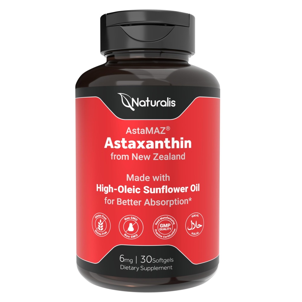 Naturalis New Zealand Astaxanthin | High Potency with High-Oleic Sunflower Oil | Non-GMO, Soy & Gluten Free | 30 Softgels (1-Month Supply)