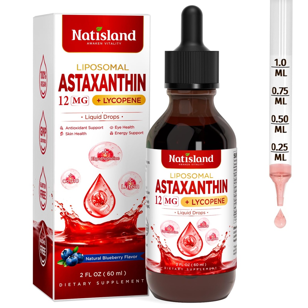 Liposomal Astaxanthin 12mg Supplements, Organic Astaxanthin Liquid with MCT Oil, Lycopene, Zeaxanthin & Ergothioneine, Antioxidant for Skin & Eye Health, Blueberry Flavor, 2 FL OZ