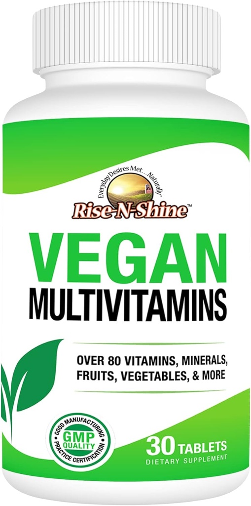 Rise-N-Shine Vegan MultiVitamins Complete Daily MultiVitamin and MultiMineral for Men and Women with Over 80 Vitamins, Minerals, Fruits, Vegetables and More 30 Count