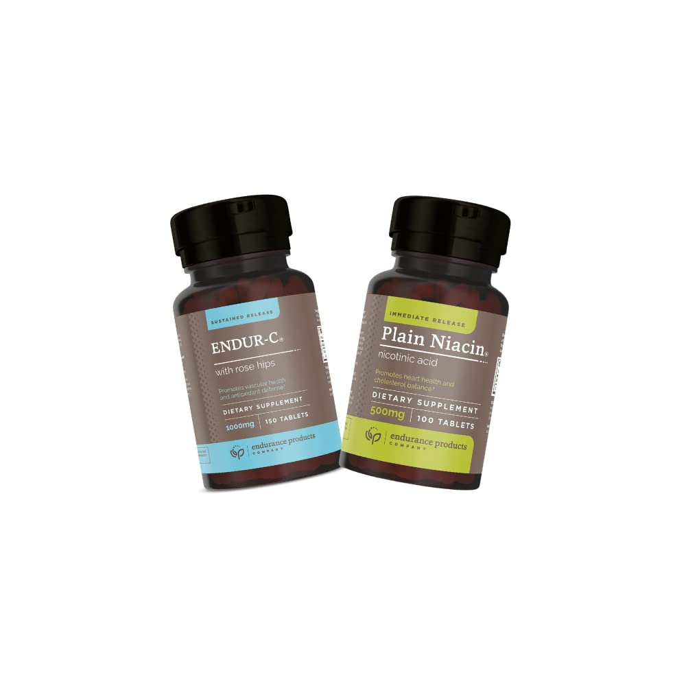 Endurance Products ENDUR-C® - 1000mg Sustained-Release Vitamin C Supplement for Optimal Absorption* - 150 Tablets B3 Plain Niacin - 500mg Immediate Release Vitamin B-3 with Flush - 100 Tablets