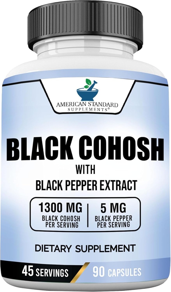 American Standard Συμπληρώματα Μαύρο Cohosh 1300mg ανά υπηρεσία με Black Pepper Fruit Extract - Vegan, Χωρίς γλουτένη, μη GMO, 90 κάψουλες, 45 εξυπηρετούν