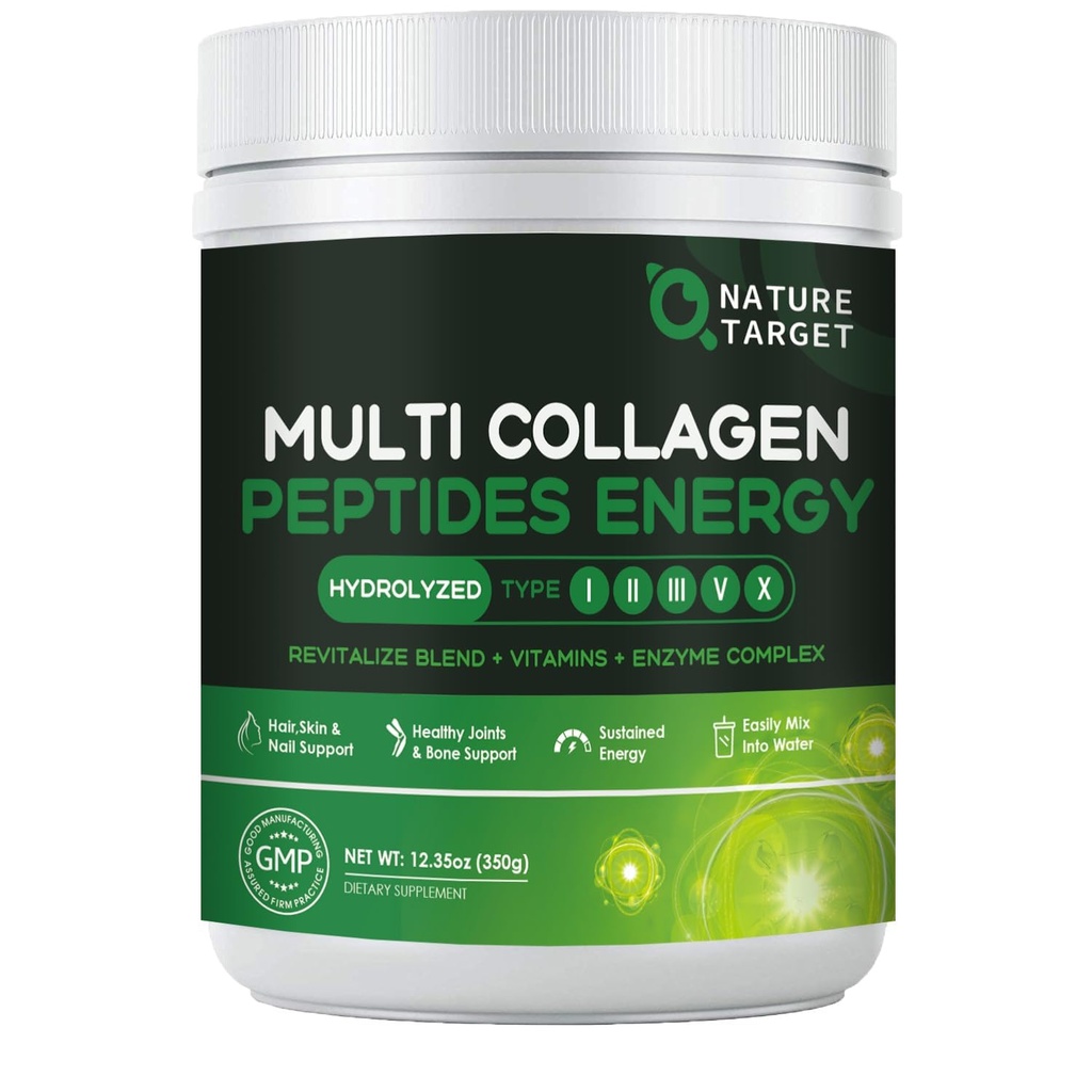 ΦΥΣΗ ΣΤΟΧΟΣ Multi-Collagen-Peptides-Powder - Υδρολυμένο κολλαγόνο με ενεργειακό μείγμα + Πολυβιταμίνη & Ορυκτά, Υποστηρίζει την ενέργεια δέρμα νυχιών & κοινών, μη GMO, 35 εξυπηρετούν