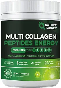 NATURE TARGET Multi-Collagen-Peptides-Powder - Hydrolyzed Collagen with Energy Blend + Multivitamin & Minerals, Supports Energy Skin Hair Nail & Joint, Non-GMO, 35 Servings
