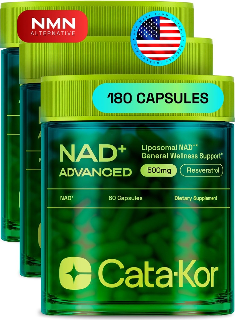 Cata-Kor Liposomal NAD Supplement with Resveratrol – NMN Supplement Alternative – 90-Day Supply – Third-Party Tested – 180 Capsules – Advanced NAD+ Resveratrol - Pack of 3