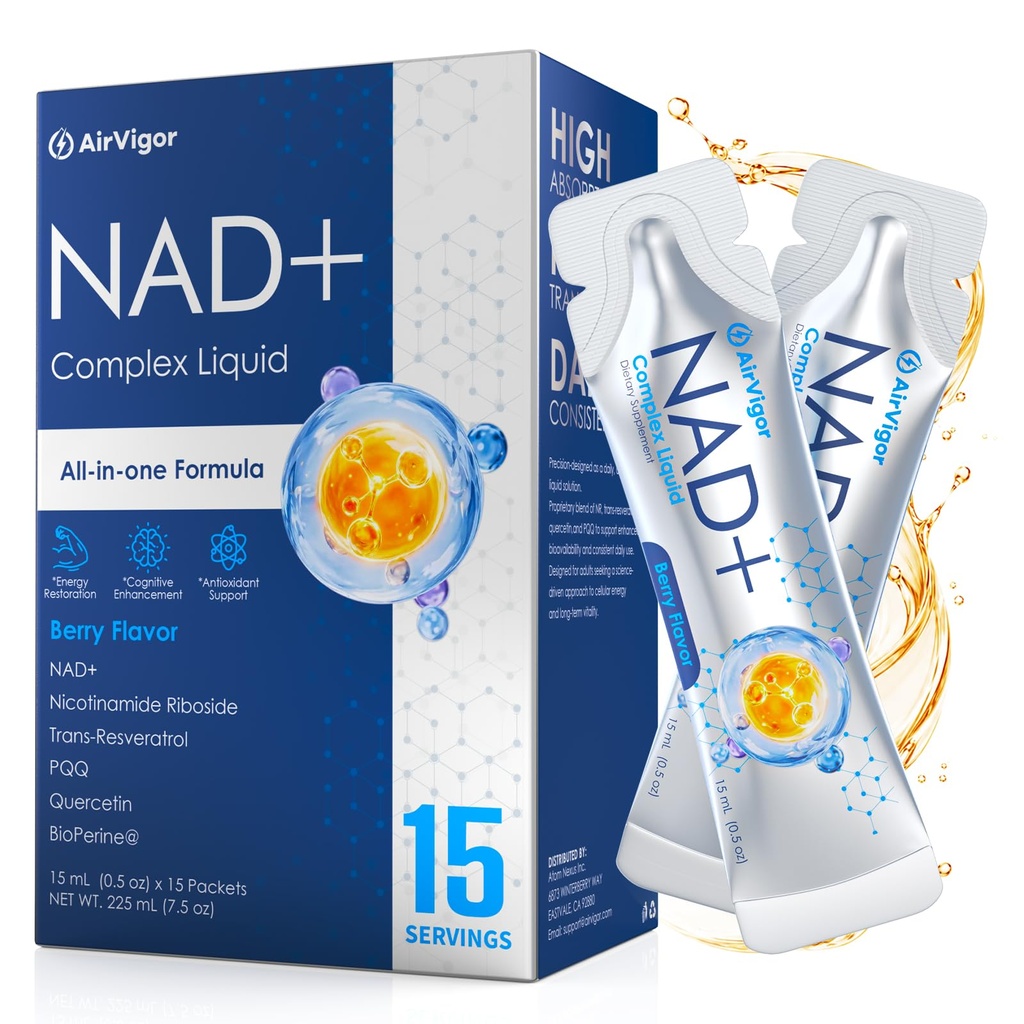 NAD+ Liquid Supplement for Daily Energy, Focus & Vitality Support, Liposomal NAD Plus Liquid Sticks with Nicotinamide Riboside, Resveratrol, Quercetin & PQQ, Berry, 15 Servings