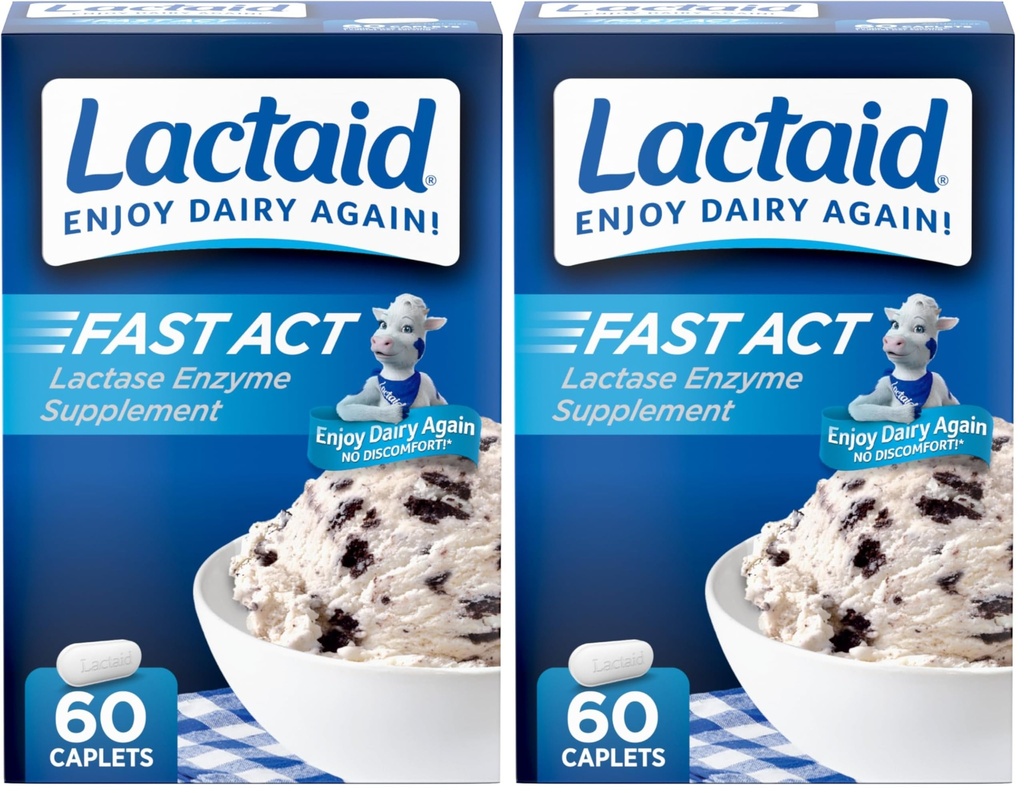 Lactaid Fast Act Lactose Intolerance Relief Caplets, Lactase Enzyme to Prevent Gas, Bloating and Diarrhea Due to Lactose Sensitivity,Serve Supplements for Travel and On-The-Go, 60 Count (Pack of 2)