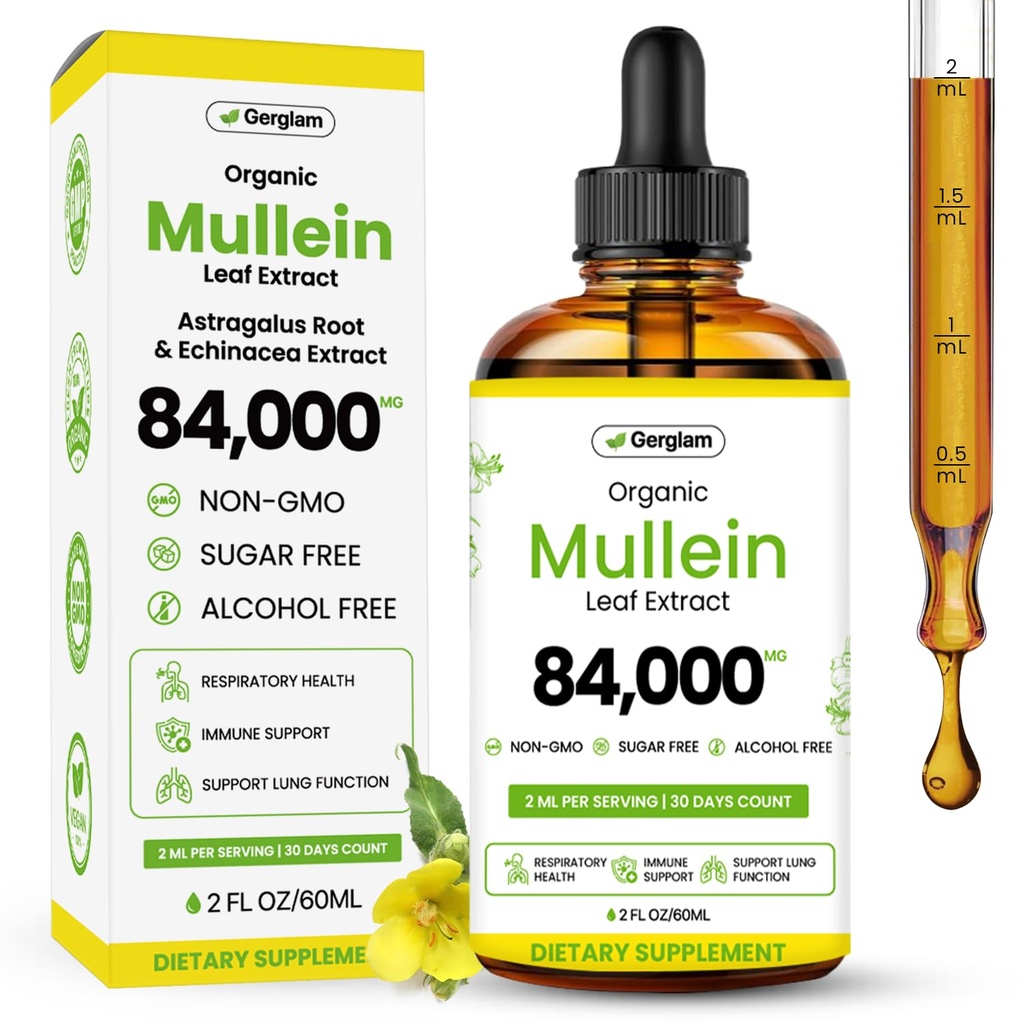 Mullein Drops for Lungs, USDA Organic Lung Detox and Cleanse Liquid with Marshmallow, Thyme, Astragalus, Orange Peel, Echinacea Alcohol & Sugar Free Extract for Smokers 2 Fl Oz