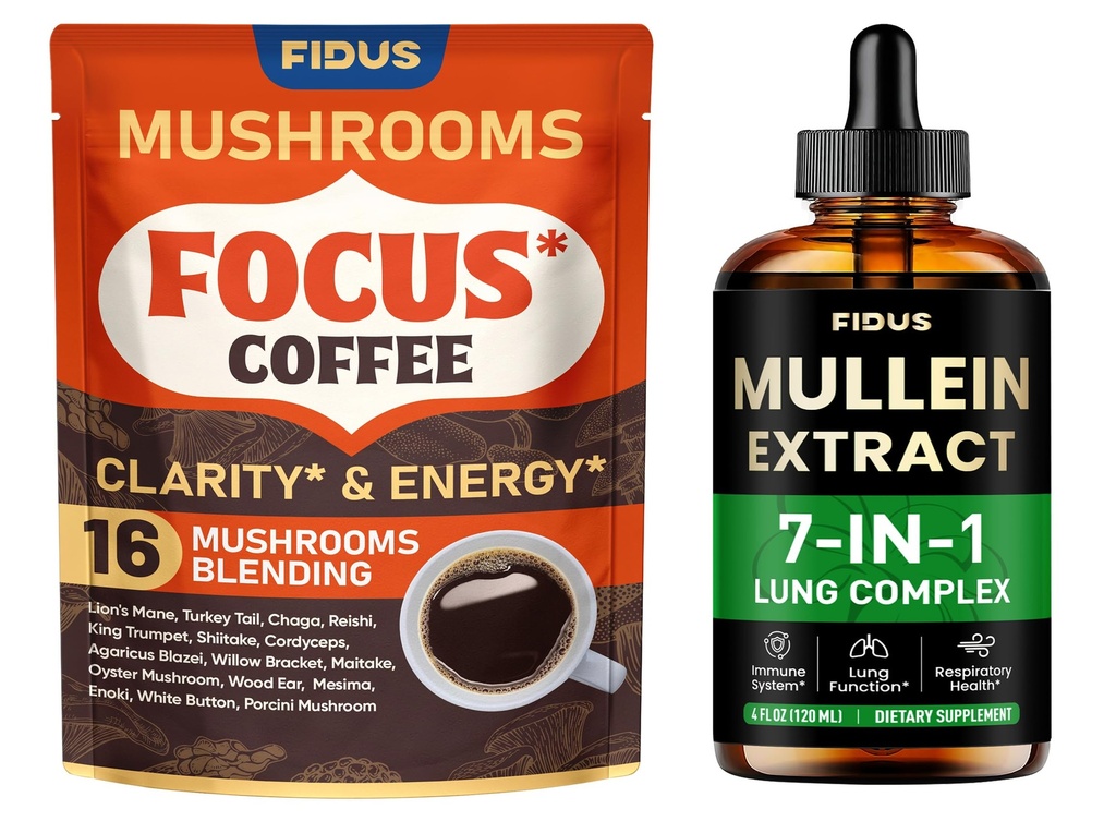 Fidus Mushroom Coffee with Adaptogens + Mullein Drops for Lung & Immune Support, 16 in 1 Blend with Ashwagandha and 7 Herbal Extracts, 90 Servings & 4 fl oz
