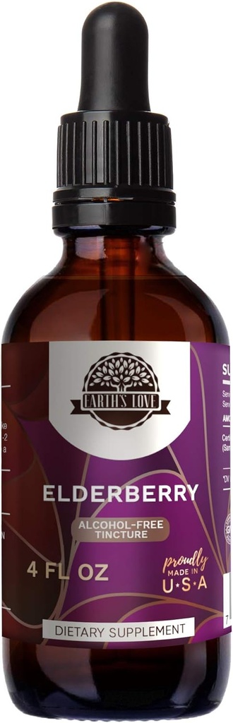 Earth's Love - Elderberry Alcohol-Free Herbal Extract Βάμμα, Super-Concentrated Elderberry (Sambucus Nigra) Αποξηραμένο μούρο (4 fl Oz)