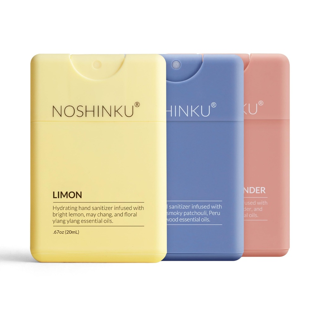 Noshinku - Refillable Hand Sanitizer Discovery Deux 3-Pack, Travel Size Spray, Hydrating Botanical Oils, Natural Ingredients, All Natural Fragrances, Sugarcane Derived Alcohol, No Parabens, No Dyes