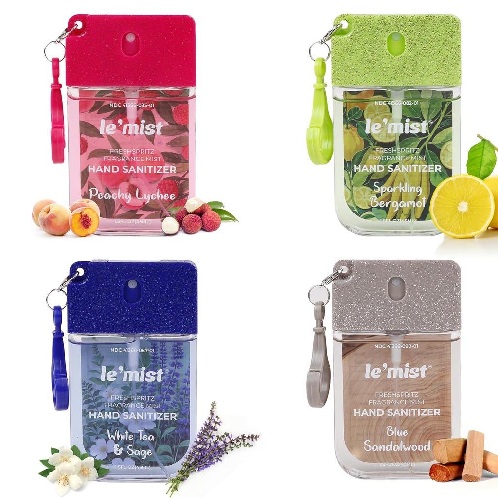 Le’Mist Freshspritz Fragrance Mist Hand Sanitizer Sprays (Blue Sandalwood, White Tea & Sage, Sparkling Bergamot, Peachy Lychee), 1.5 fl oz Each (Pack of 4) - Portable Pocket Spray with Clip-On Design