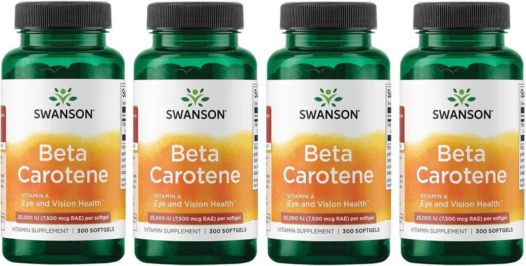 Swanson Beta-Carotene Vitamin A 25000 IU Softgels - Skin, Eye, and Immune System Health - Αντιοξειδωτική υποστήριξη - 7500 mcg (300 Softgels) (4 Συσκευασία)