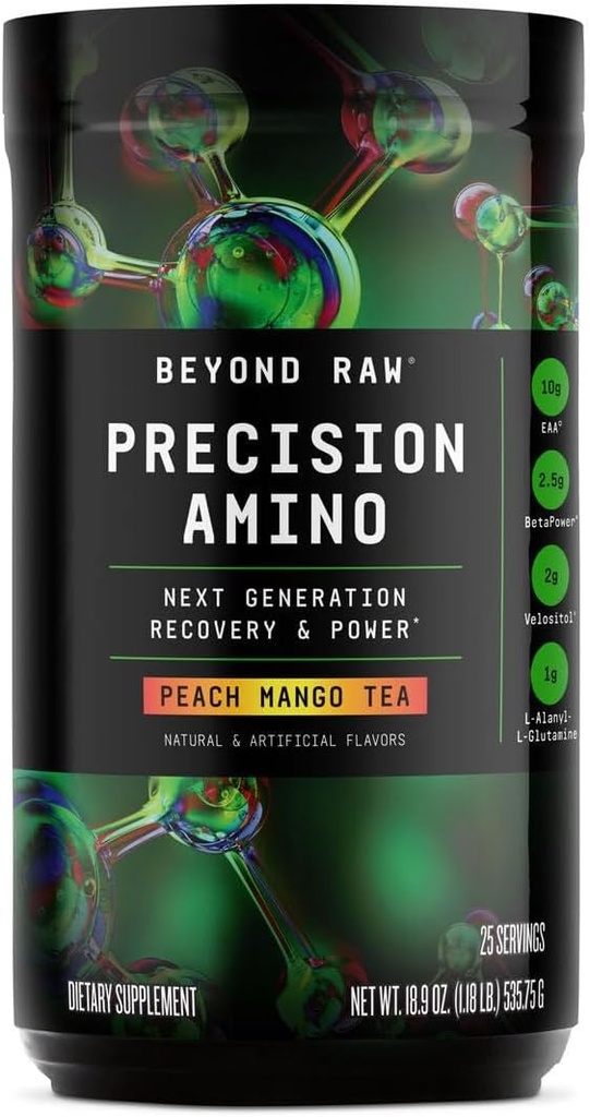 BEYOND RAW Ακρίβεια Amino, Recovery & Power Amino Acid Formula, Μύες Καυσίμου, Ενισχυμένη ενυδάτωση, Τσάι Ροδάκινο Mango, 25 εξυπηρετούν