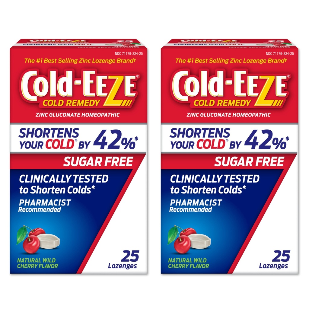 Cold-Eeze Sugar-Free, Natural Wild Cherry Zinc Lozenges, Shortens Duration of the Common Cold, Sore Throat, Cough, Congestion & Post Nasal Drip, 25 Ct, Pack of 2