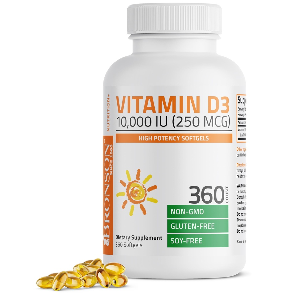 Bronson Βιταμίνη D3 10.000 IU (250 mcg) Υψηλή Ικανότητα - Υποστηρίζει υγιές ανοσοποιητικό σύστημα, ισχυρά οστά, μύες & δόντια - μη GMO, 360 Softgels