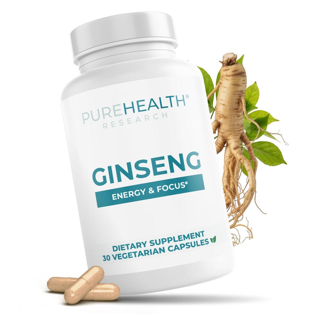 PUREHEALTH RESEARCH Ginseng for Women & Men - Energy & Focus Support with Panax Ginseng Stem & Leaf Extract, Ginsenosides, Daily Vitality, Mental Clarity, High Potency 500mg - 30 Vegetarian Capsules