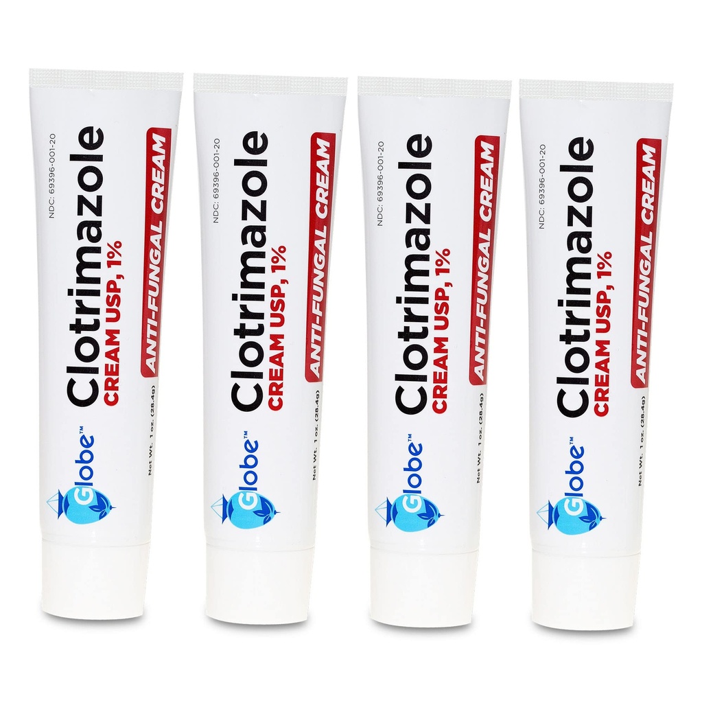 Globe Clotrimazole Antifungal Cream 1% USP, 1 oz (4 Pack), Anti Fungal Treatment, Relieves Itching, Burning, Cracking and Scaling Associated Athletes Foot, Jock Itch, Ringworm and More