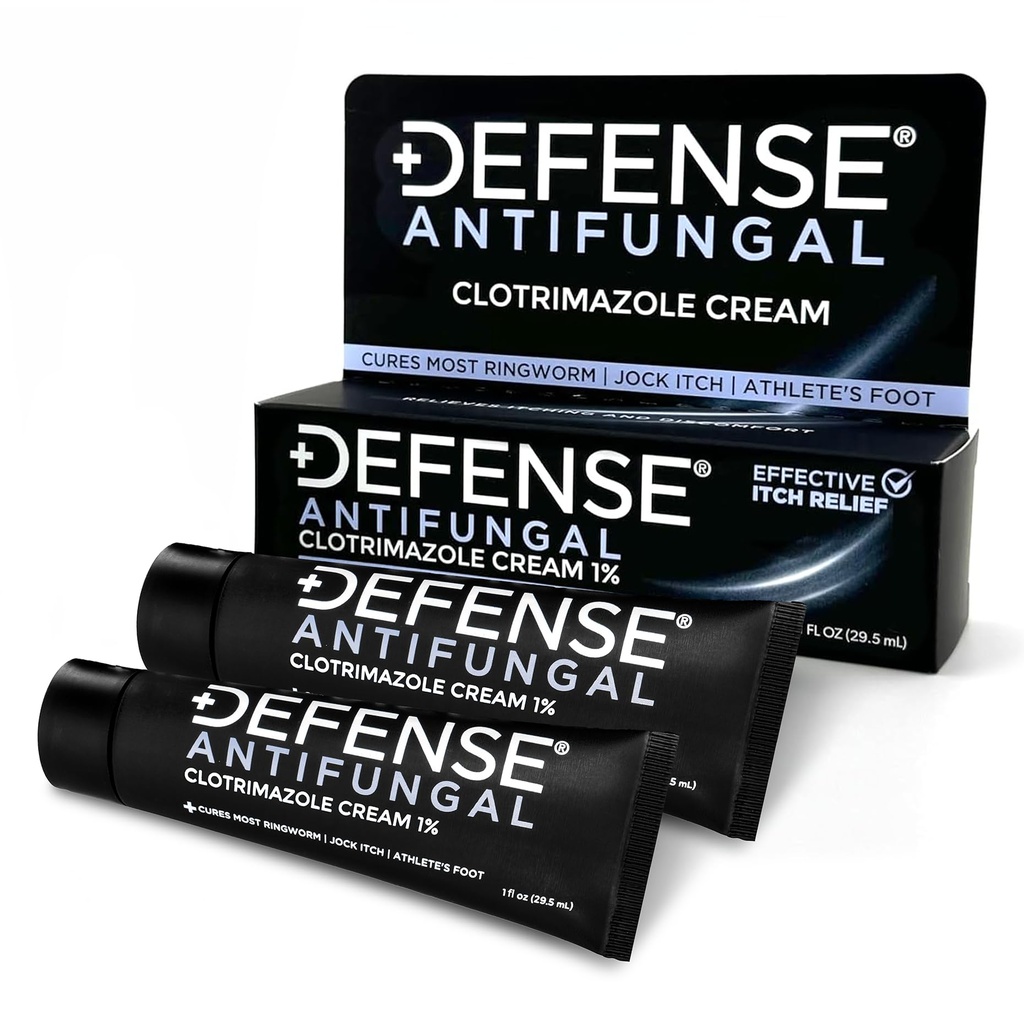 Defense Clotrimazole Antifungal Cream 2pk | Jock Itch, Athlete's Foot, Ringworm Treatment | Medicated Itch Relief Anti Fungal Cream for Skin and Foot Fungus