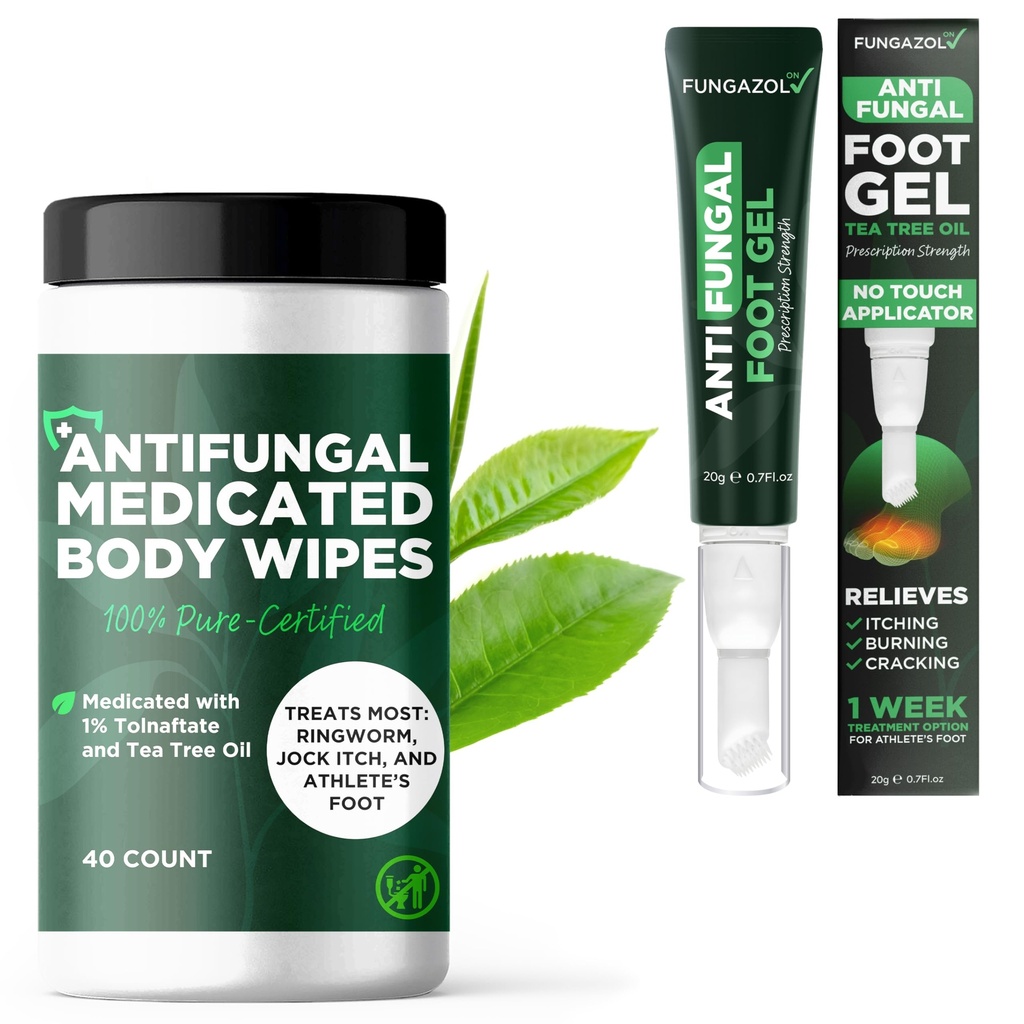Tea Tree Oil Antifungal Foot Gel + Medicated Body Wipes for Men & Women | Relieves Jock Itch, Athlete’s Foot, Ringworm | Soothes Itching & Burning | 1% Tolnaftate + No-Touch Applicator | 20g + 40 Wipe