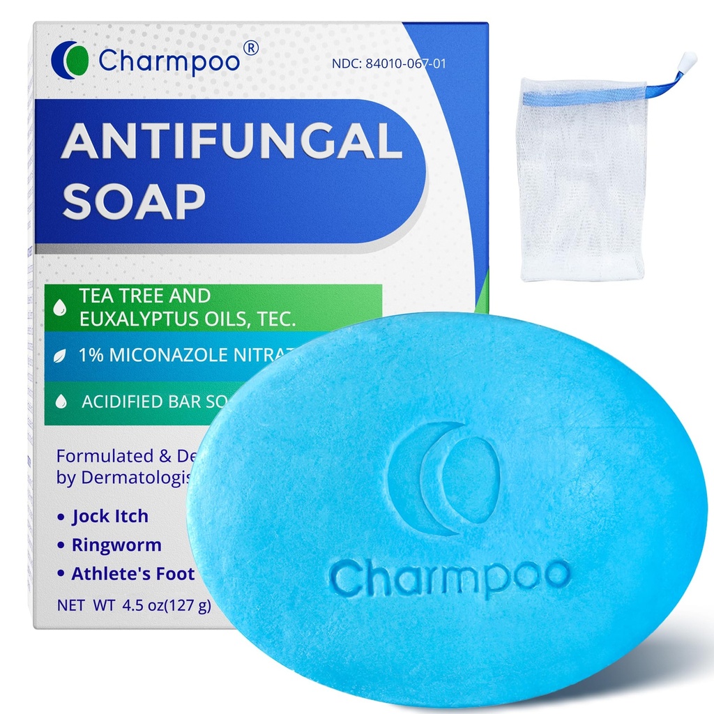 CHARMPOO Antifungal Soap with Itch Relief: Effectively Relieve Itching Burning Cracking Caused by Jock Itch Athlete's Foot Ringworm Rashes - Gentle Acidified Bath Soap for Adults and Kids 4.5 oz