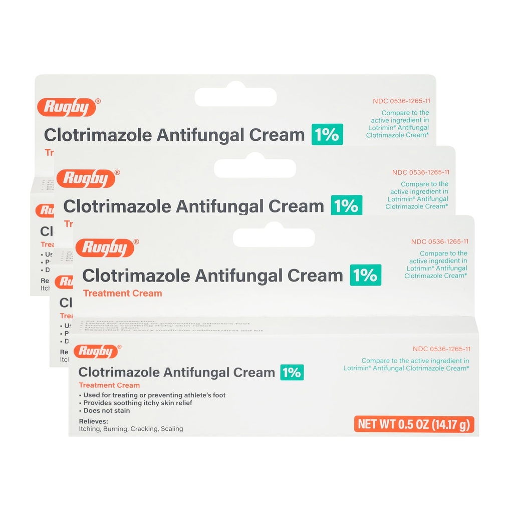 Rugby Clotrimazole Antifungal Cream 1% - Treatment Cream - Helps Provide Soothing Itchy Skin Relief - 0.5 Oz. (3 Pack)