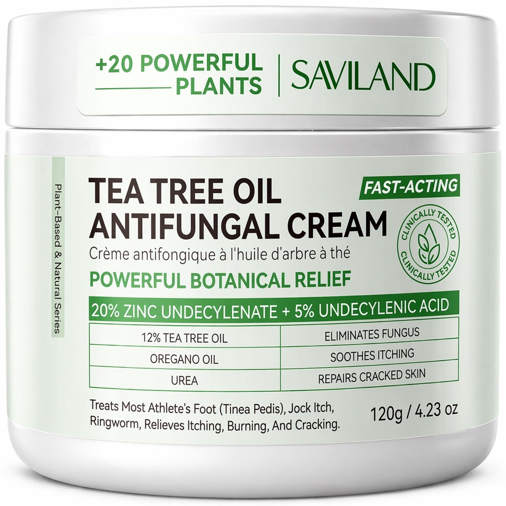 SAVILAND Antifungal Cream 120g Extra Strength: Max 25% Undecylenic Acid Fungal Cream for Skin Athletes Foot Jock Itch Ringworm Foot Fungus Treatment Natural Skin Relief with Tea Tree & Oregano Oil