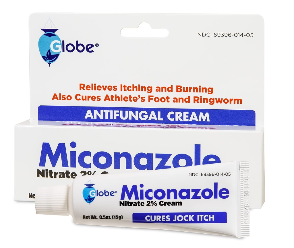 Globe Miconazole Nitrate 2% Antifungal Cream 0.5 oz, Cures Most Athletes Foot, Jock Itch, Ringworm. (2 Pack)