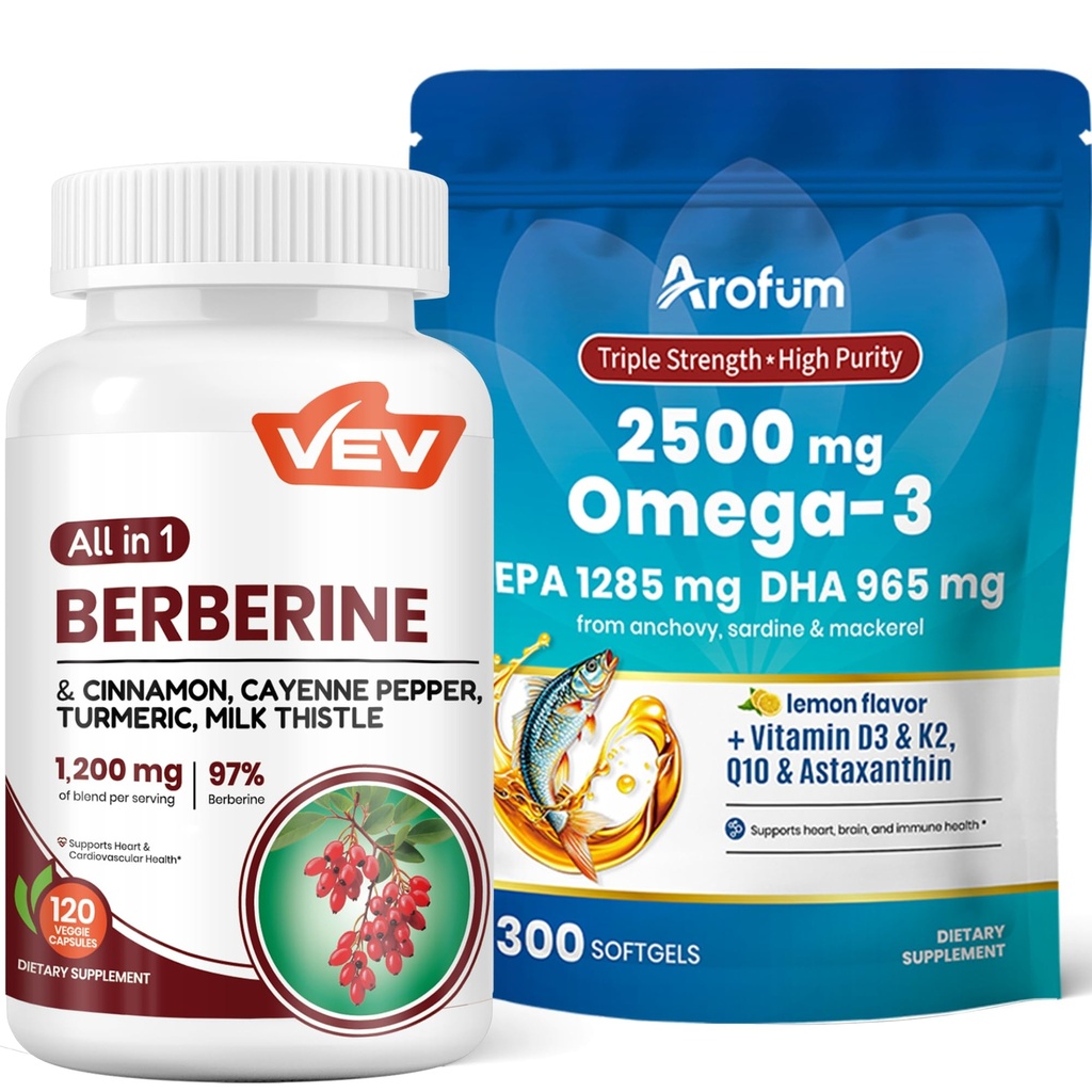 VEV Berberine Supplement with Ceylon Cinnamon Arofum Omega 3 Fish Oil with Vitamin D3 K2