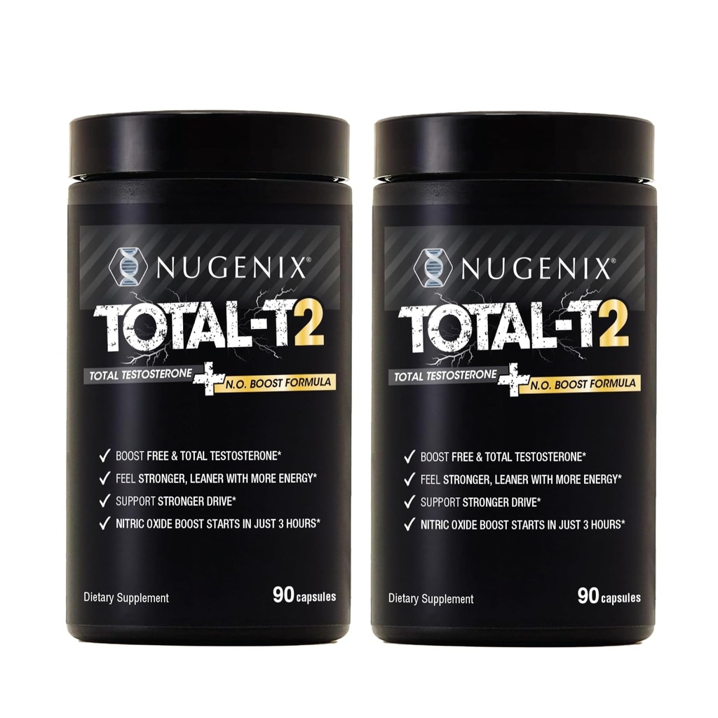 Nugenix Total-T2 - Testosterone Booster and Nitric Oxide Booster for Men, Tesnor, S7, ElevATP, Tongkat, Citrulline, Nitric Oxide and Testosterone Supplement for Men (180 Count)