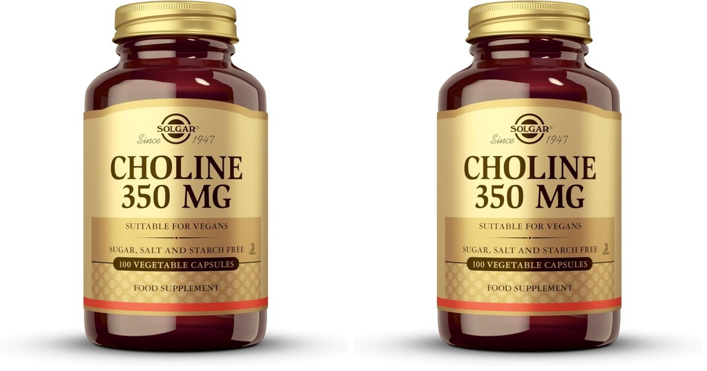 Solgar Choline 350 mg, 100 Vegetable Capsules - Supports Healthy Brain & Cellular Function - Vegan, Gluten Free, Dairy Free, Kosher - 100 Servings,(Pack of 2)