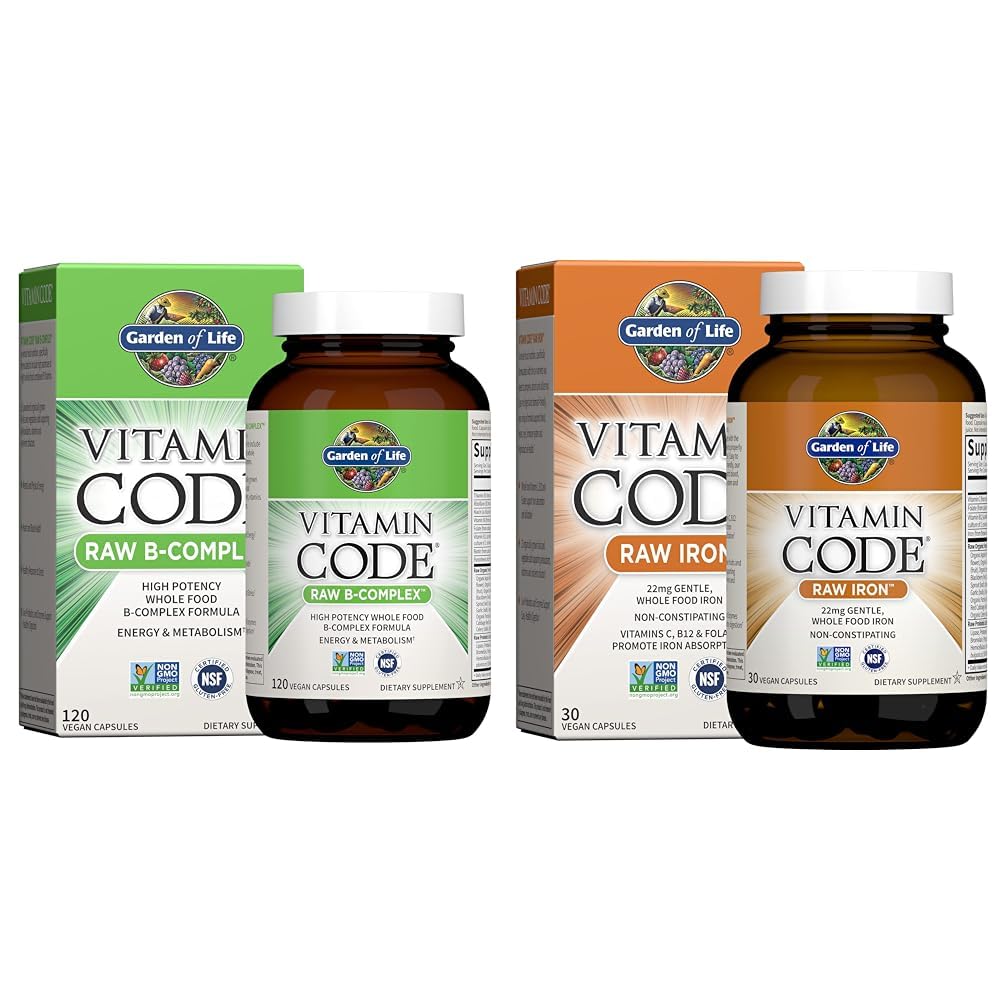Garden of Life Vitamin B Complex 120 Vegan Capsules and Vitamin Code Raw Iron 30 Count Capsules Bundle