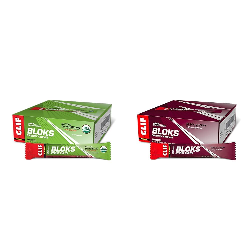 Cliff BLOKS Salted Watermelon 2X Sodium & Black Cherry Caffeine Energy Chews Bundle - 2 Packs 18 Count 2.12oz Each - Quick Carbs and Electrolytes for Cycling Running