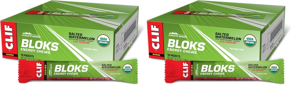 CLIF BLOKS - Salted Watermelon Flavor with 2X Sodium - Energy Chews - Non-GMO - Plant Based - Fast Fuel for Cycling and Running - Quick Carbohydrates and Electrolytes - 2.12 oz.,18 Count (Pack of 2)