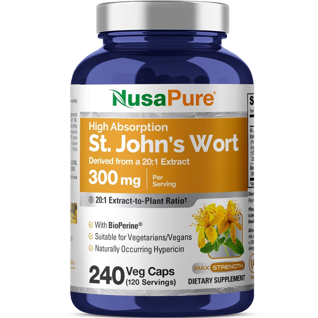 NusaPure St. John's Wort 20:1 Extract, 300 mg Ισοδύναμο με 6.000 mg 240 κάψουλες Veggie (χορτοφαγικά, μη ΓΤΟ) Bioperine