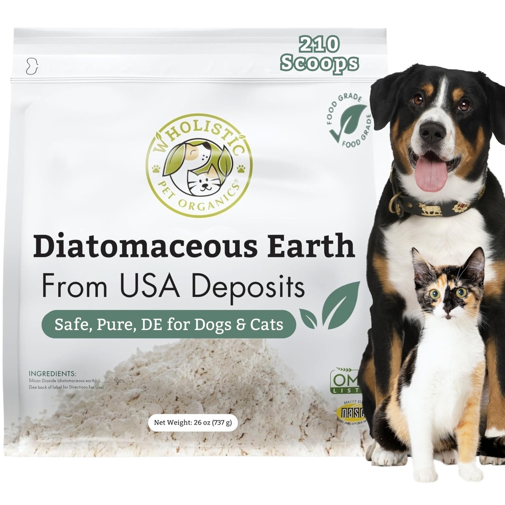 Wholistic Pet Organics Diatomaceous Earth - Food Grade for Dogs & Cats - 26 Oz - Multi Use Powder - Pet Safe Non-Chemical Freshwater Sourced Silica Supports Overall Health - Made in USA - 210 Scoops