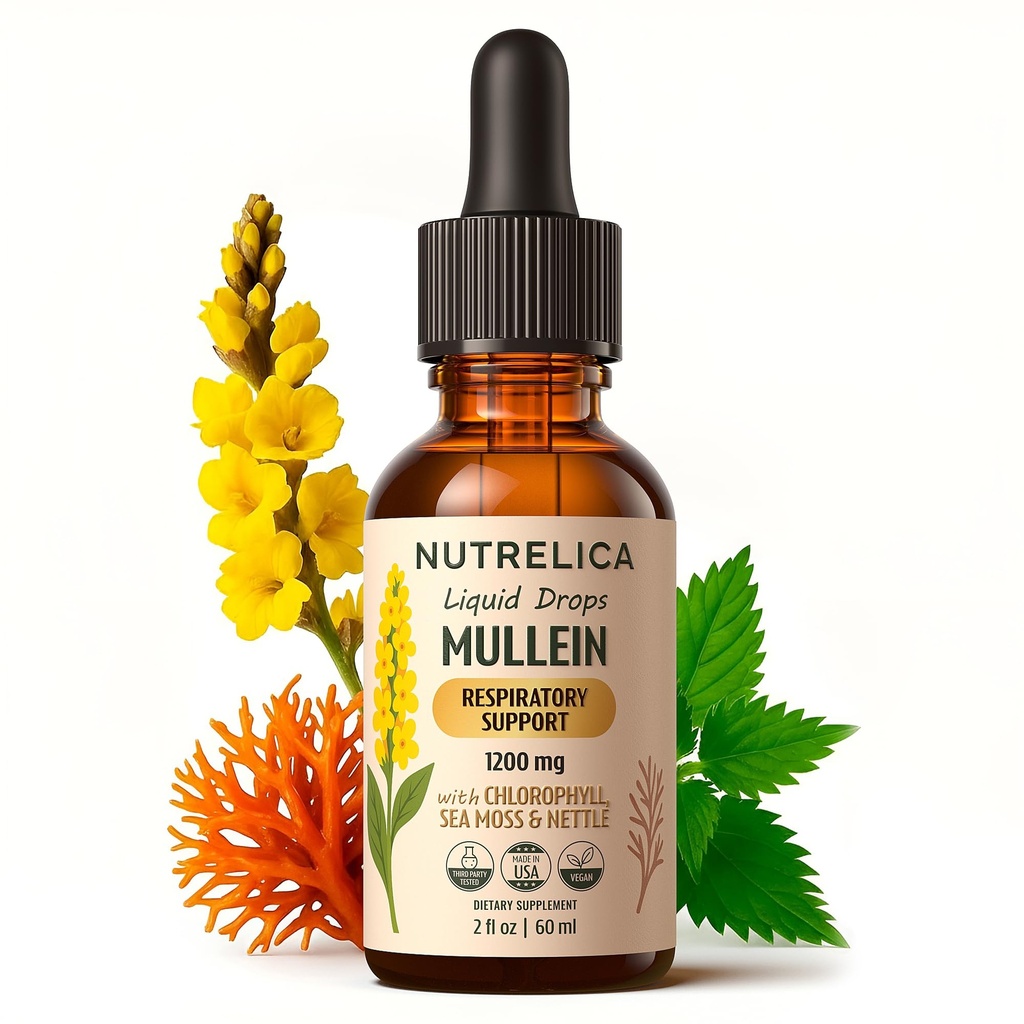 Mullein with Chlorophyll, Sea Moss & Nettle – Lung Support – 1200mg, No Sugar, Alcohol-Free, Vegan, Non-GMO