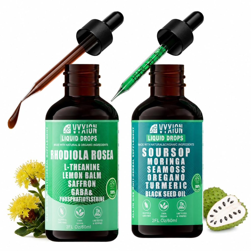 Soursop Bitters Liquid Drops & Rhodiola Rosea Tincture, Herbal Extracts with Sea Moss, Moringa, Turmeric, Saffron, GABA, L-Theanine, Daily Wellness, Uses for Adults, 2 Fl Oz (Pack of 2)