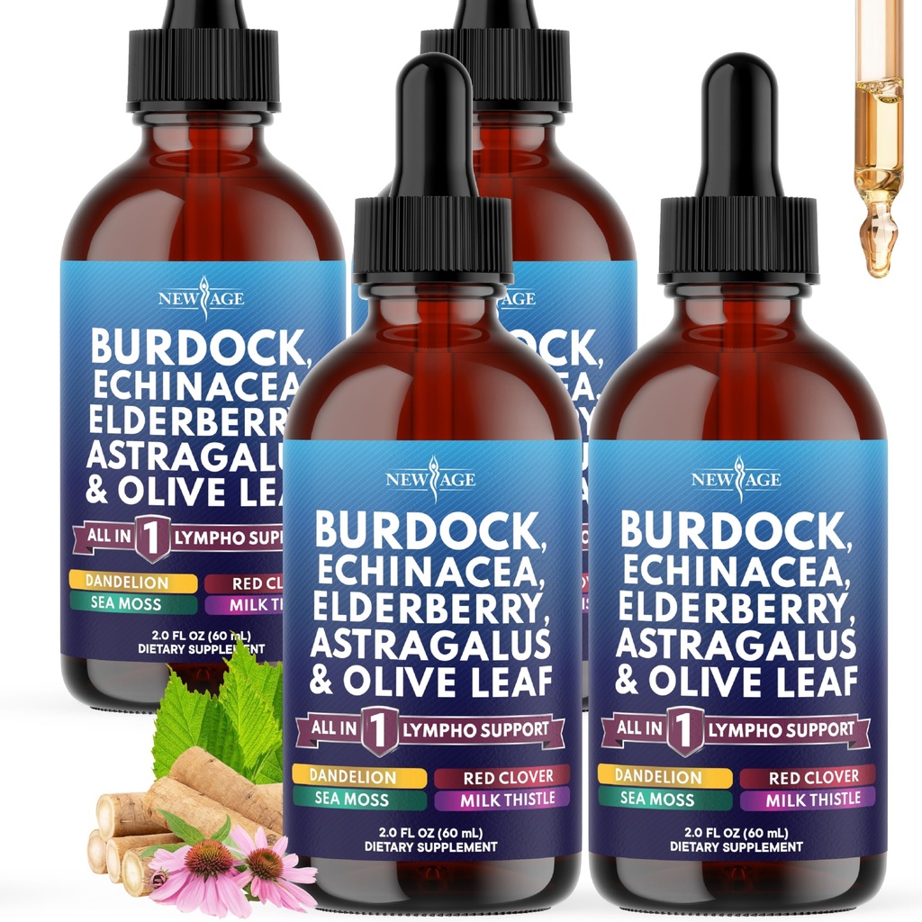 NEW AGE Lymphatic Drainage Supplement - Burdock Lymphatic Support Drops - Burdock Root, Mullein, Echinacea, Elderberry, Dandelion, Astragalus, Milk Thistle, Red Clover - 8 oz