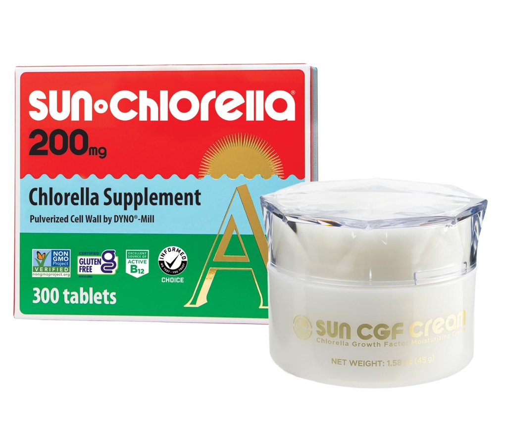 Sun Chlorella Beauty Within Bundle - Chlorella Supplement (200 mg, 300ct) Plus Advanced Moisturizing Anti-Aging Skin Cream (1.58 oz)